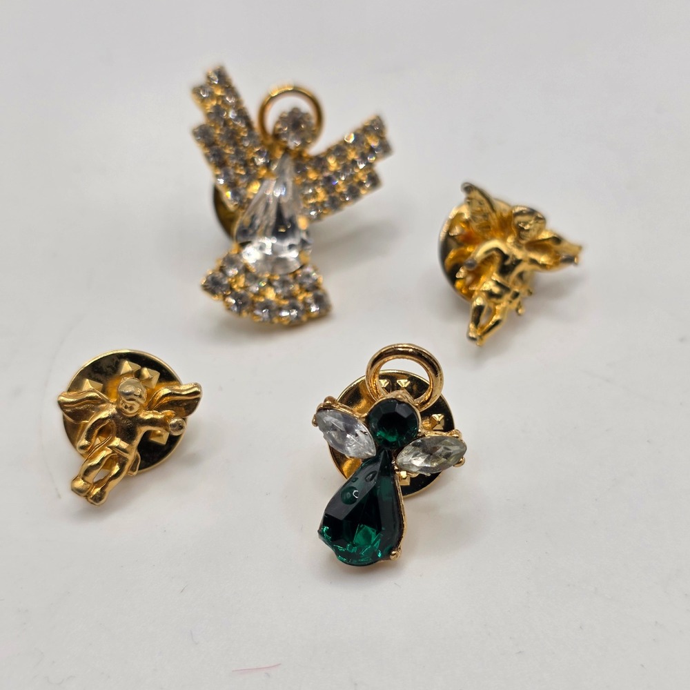 Vintage Gold Tone Angel Lapel Pin Set Rhinestone Cherub Emerald Green 4 Piece